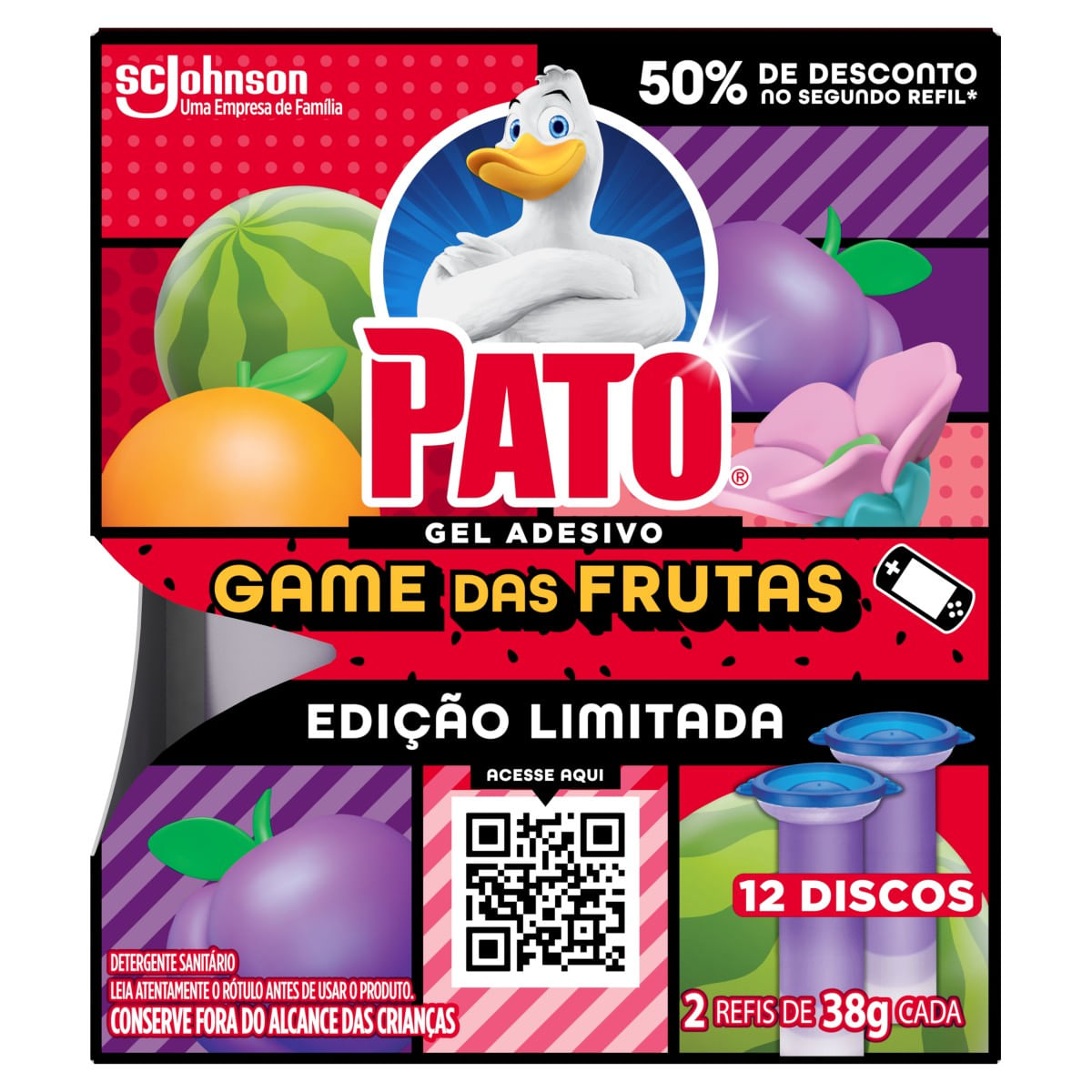 Desodorizador Sanitário PATO Gel Adesivo Game das Frutas com 2 Refis 38g cada 50% de Desconto no Segundo Refil