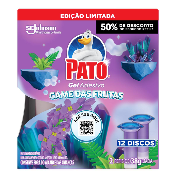 Desodorizador Sanitário PATO Gel Adesivo Game das Frutas com 2 Refis 38g cada 50% de Desconto no Segundo Refil