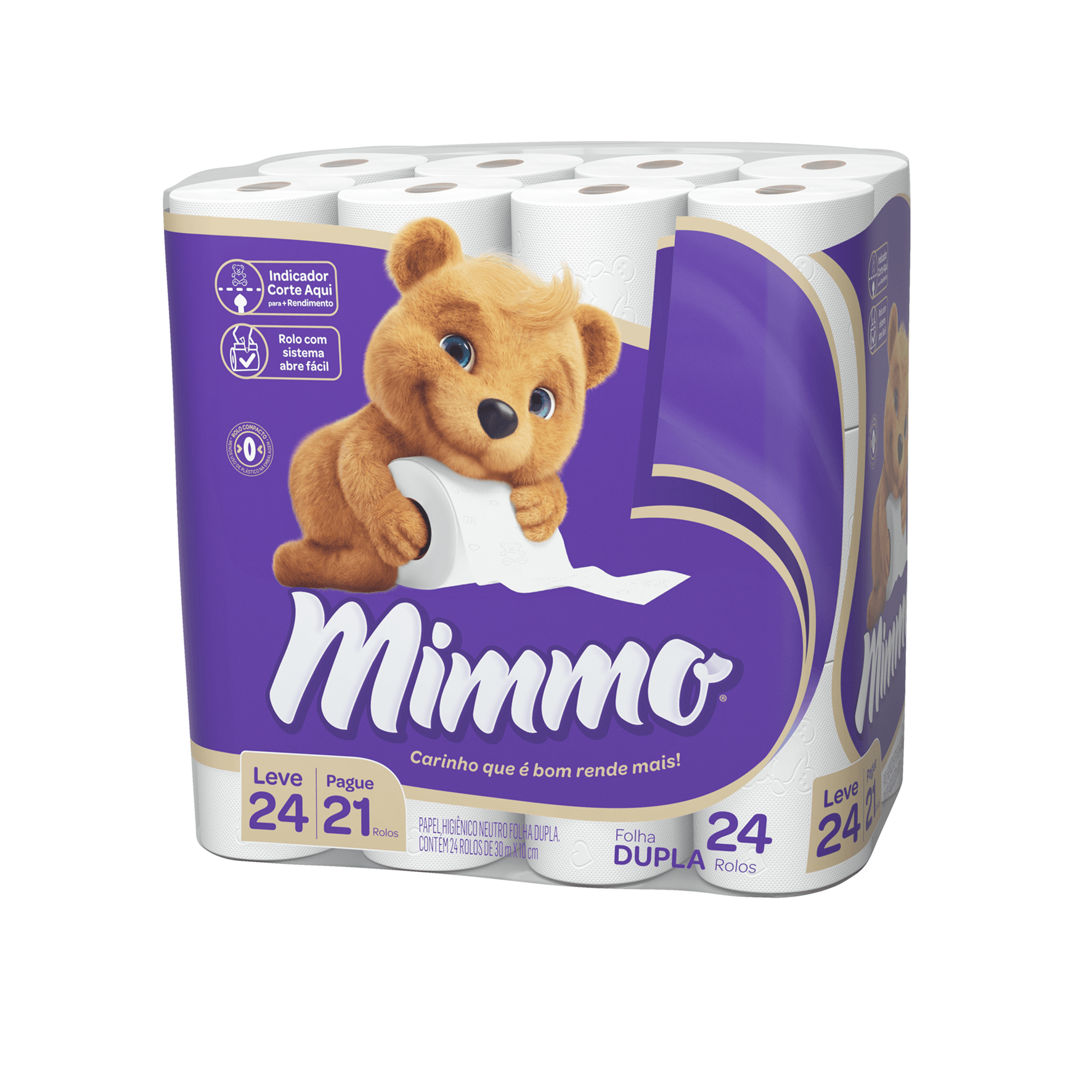 Papel Higiênico MIMMO Folha Dupla com 24 Rolos 30 Metros Leve 24 Pague 21