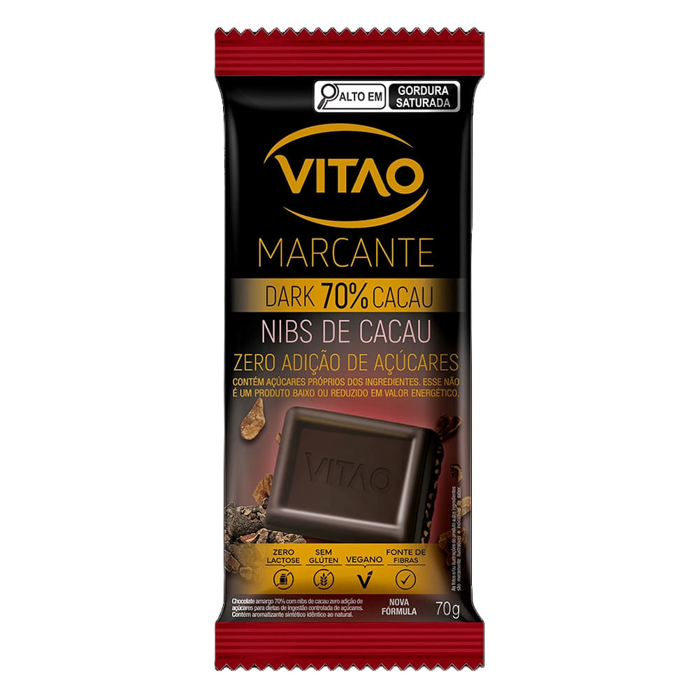 Chocolate Dark VITAO Marcante Nibs de Cacau 70% Vegano Zero Lactose e sem Glúten Zero Adição de Açúcares 70g