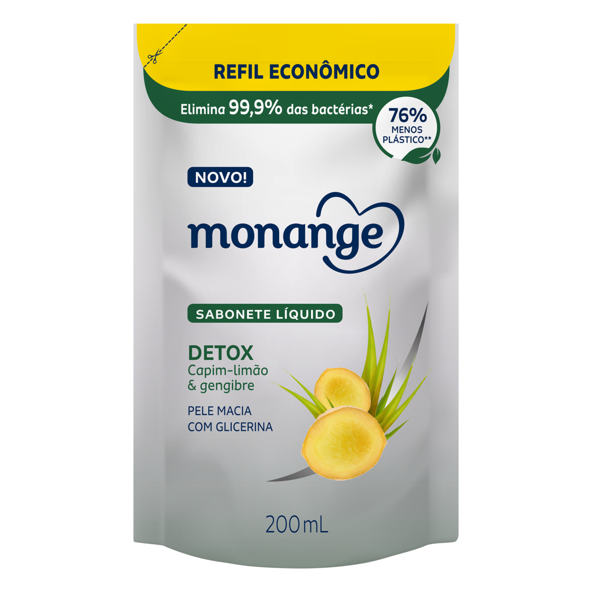 Sabonete Líquido Capim-Limão & Gengibre Monange Detox Sachê 200ml