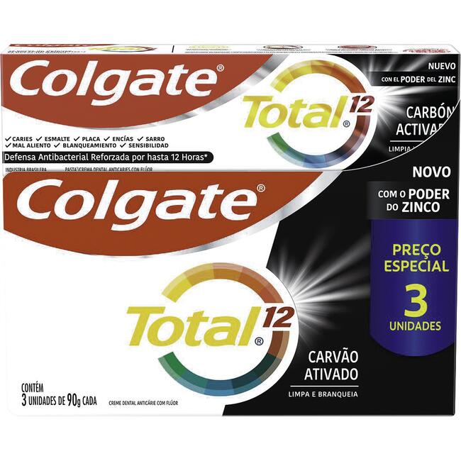 Creme Dental Colgate Total 12 Carvão Ativado 3x90g