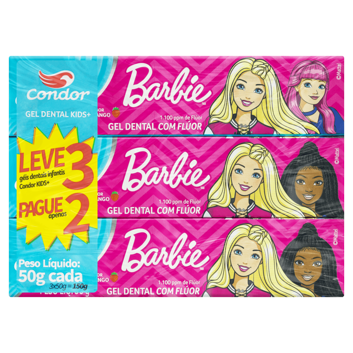 Pack Gel Dental com Flúor Morango Barbie Condor Kids+ Caixa 150g Leve 3 Pague 2 Unidades