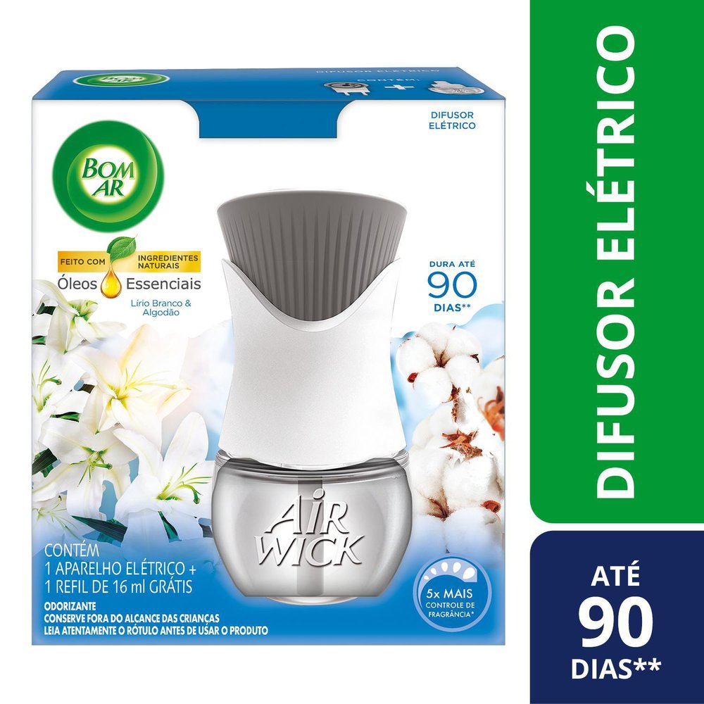 Difusor Elétrico Bom Ar Lirio Branco e Algodão Aparelho + Refil 16ml