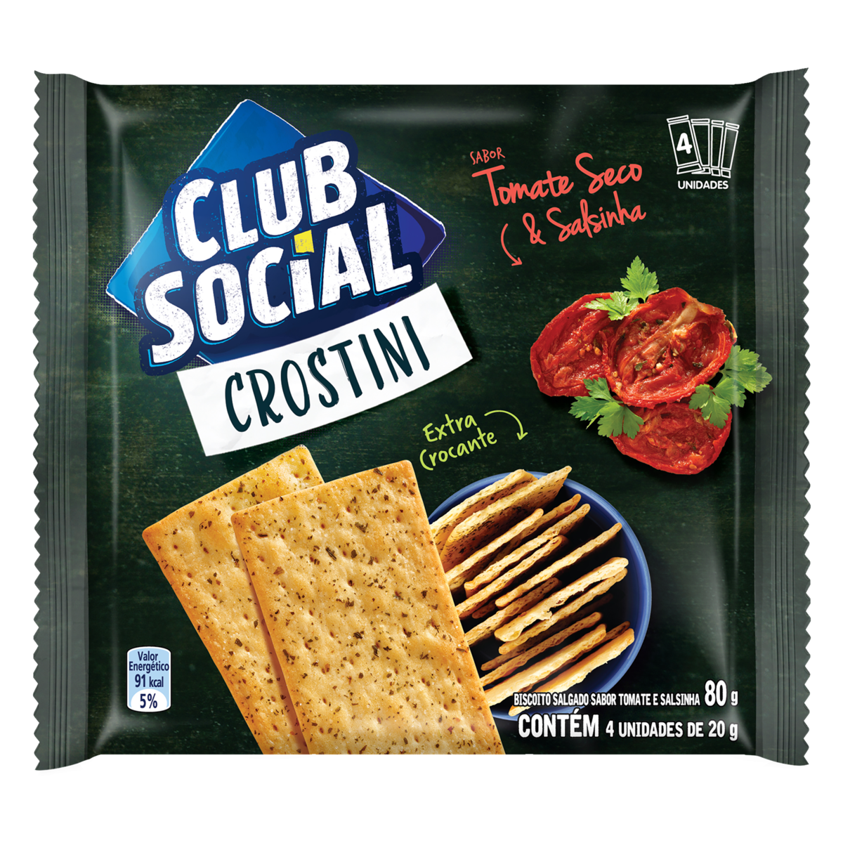 Pack Biscoito Crostini Tomate Seco & Salsinha Club Social Pacote 80g 4 Unidades
