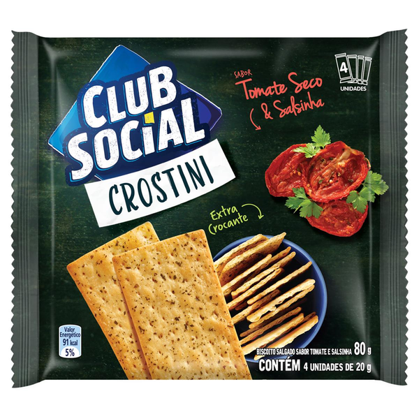 Pack Biscoito Crostini Tomate Seco & Salsinha Club Social Pacote 80g 4 Unidades