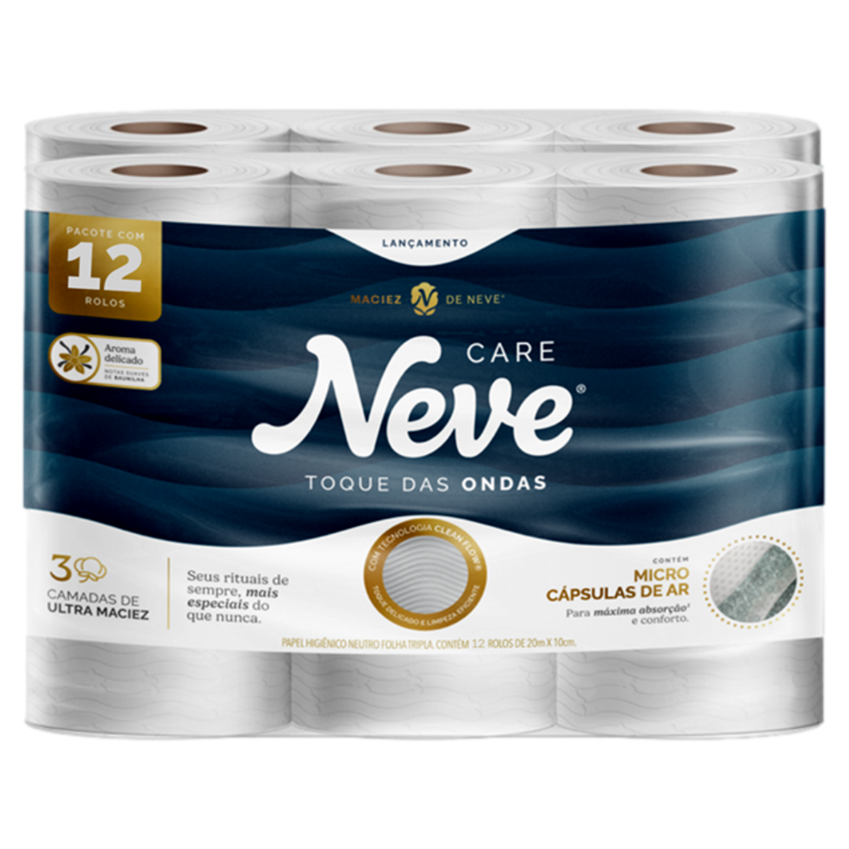 Papel Higiênico Folha Tripla com Perfume Neve Care Toque das Ondas 20m Pacote 12 Unidades