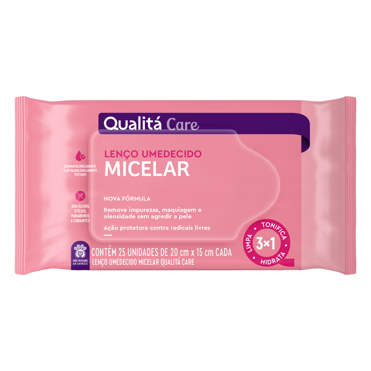 Lenço Umedecido Micelar Facial Qualitá Care Pacote 25 Unidades