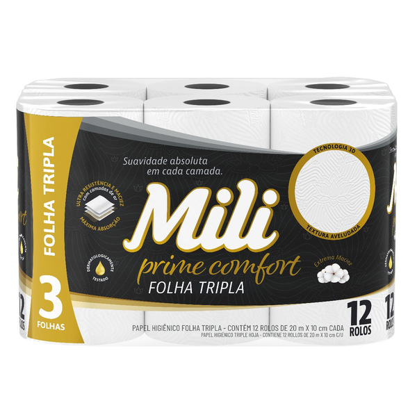 Papel Higiênico Mili 20m - Folha Tripla - Prime - Com 12 Rolos