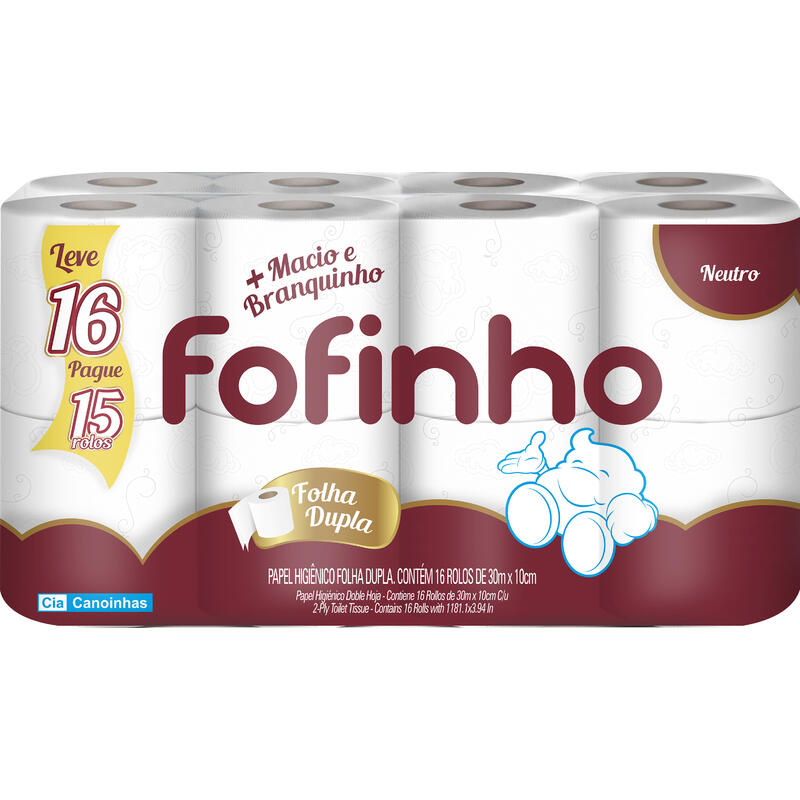 Papel Higiênico Fofinho 30m - Folha Dupla - Neutro - Leve 16, Pague 15 Rolos