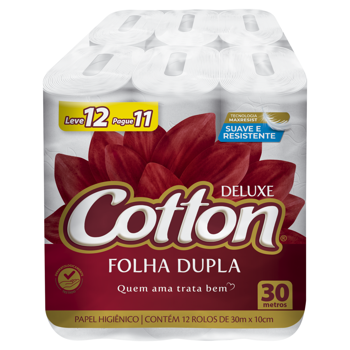 Papel Higiênico COTTON Folha Dupla 30 Metros Leve 12 Pague 11 Unidades