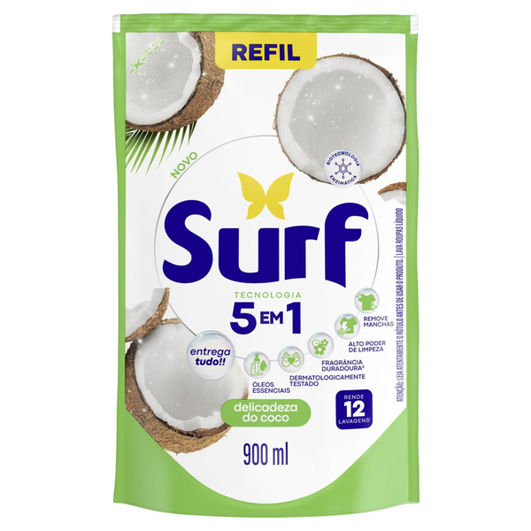 Lava-Roupas Líquido Cuidado do Coco Surf Sachê 900ml Refil