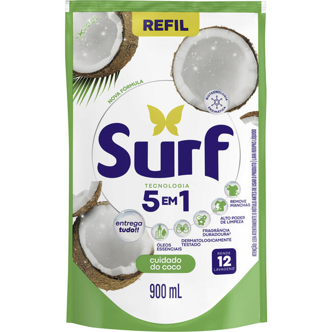 Lava-Roupas Líquido Cuidado do Coco Surf Sachê 900ml Refil