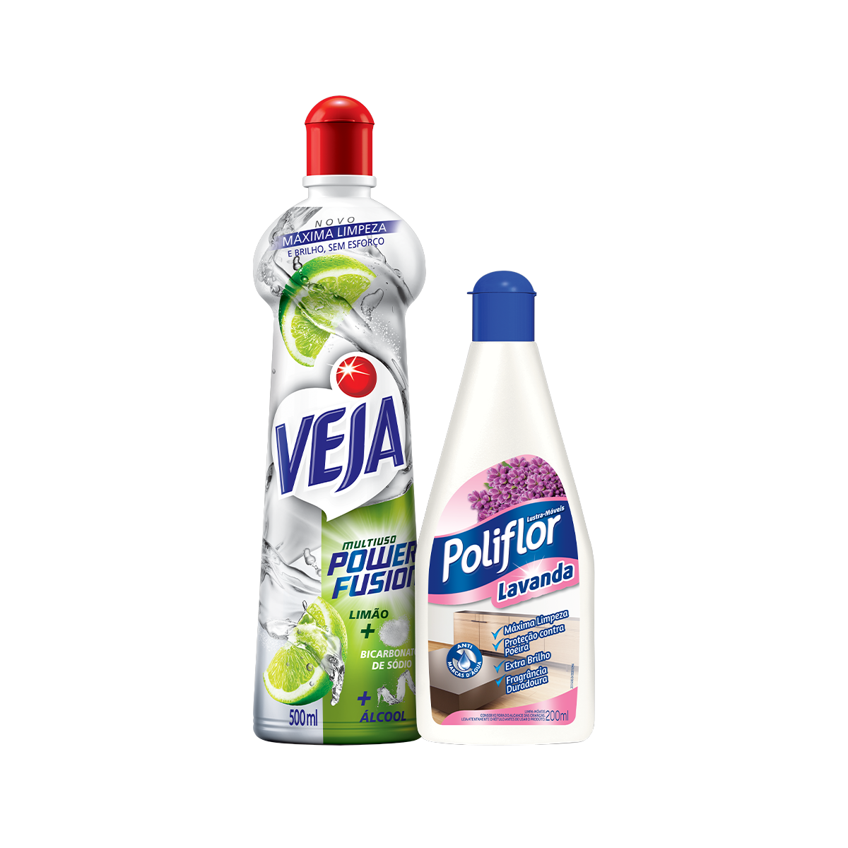 Kit Limpador Multiuso Veja Power Fusion Limão 500ml + Lustra Móveis Poliflor Lavanda 200ml