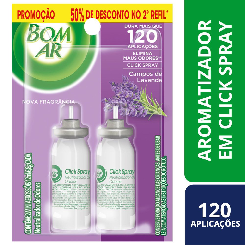 Aromatizador Bom Ar Click Spray Refil 50% off na 2ª Unidade Campos de Lavanda