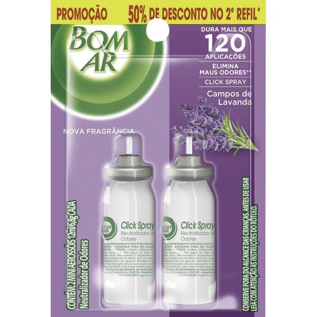 Aromatizador Bom Ar Click Spray Refil 50% off na 2ª Unidade Campos de Lavanda