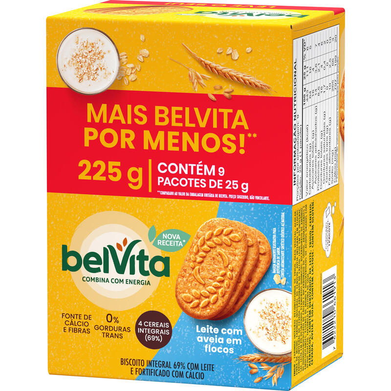 Biscoito BELVITA Leite E Aveia Pack Econômico 225g com 9 Unidades de 25g