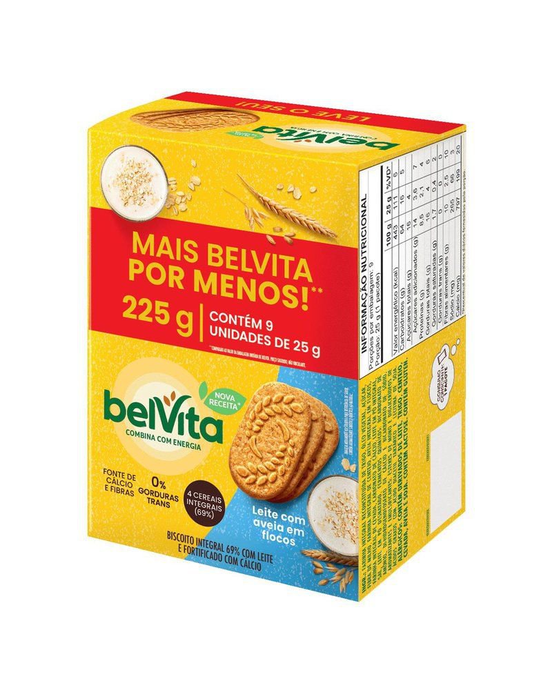 Biscoito BELVITA Leite E Aveia Pack Econômico 225g com 9 Unidades de 25g