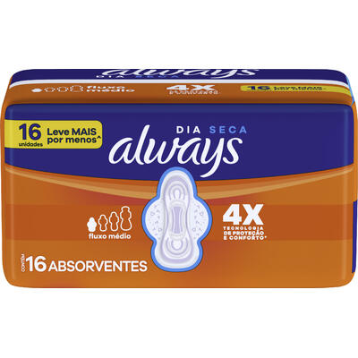 Absorvente com Abas Seca Always Pequeno Pacote 16 Unidades Grátis 2 Absorventes