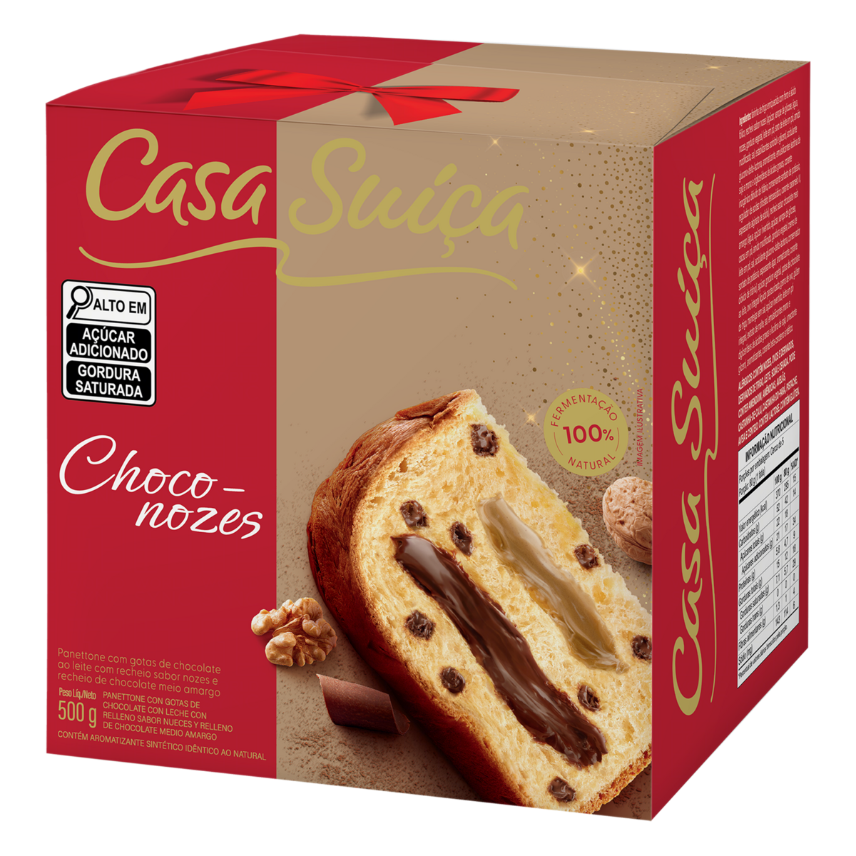 Panettone com Gotas de Chocolate ao Leite Recheio Nozes e Chocolate Meio Amargo Casa Suíça Choco-Nozes Caixa 500g