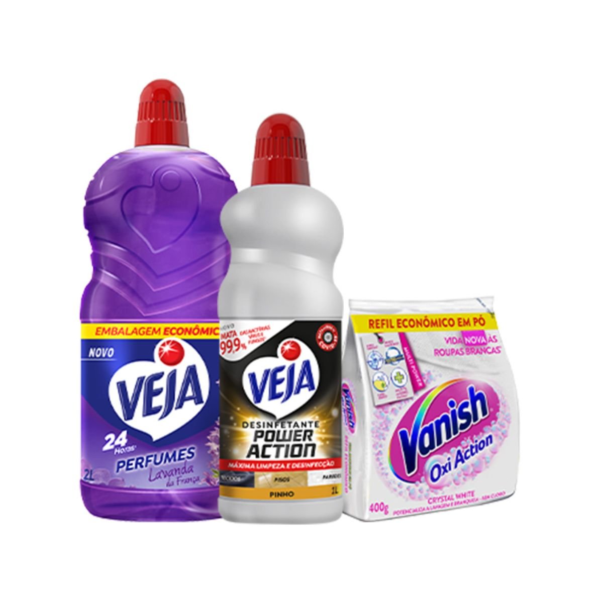Kit Veja Power Action Pinho 1L + Perfumado Veja Lavanda da França - 2L + Vanish Crystal White Oxi Action 400g Refil
