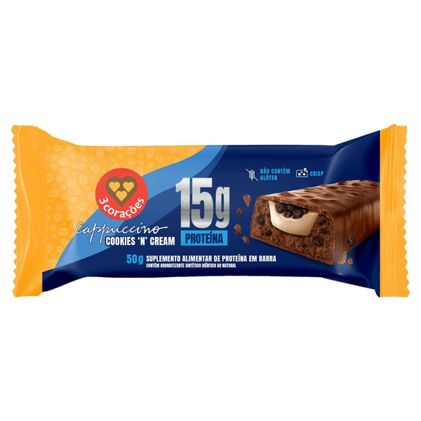 Barra Proteica 3 Corações 50g - Cookies Cream - 15g de Proteína