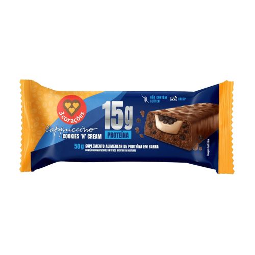 Barra Proteica 3 Corações 50g - Cookies Cream - 15g de Proteína