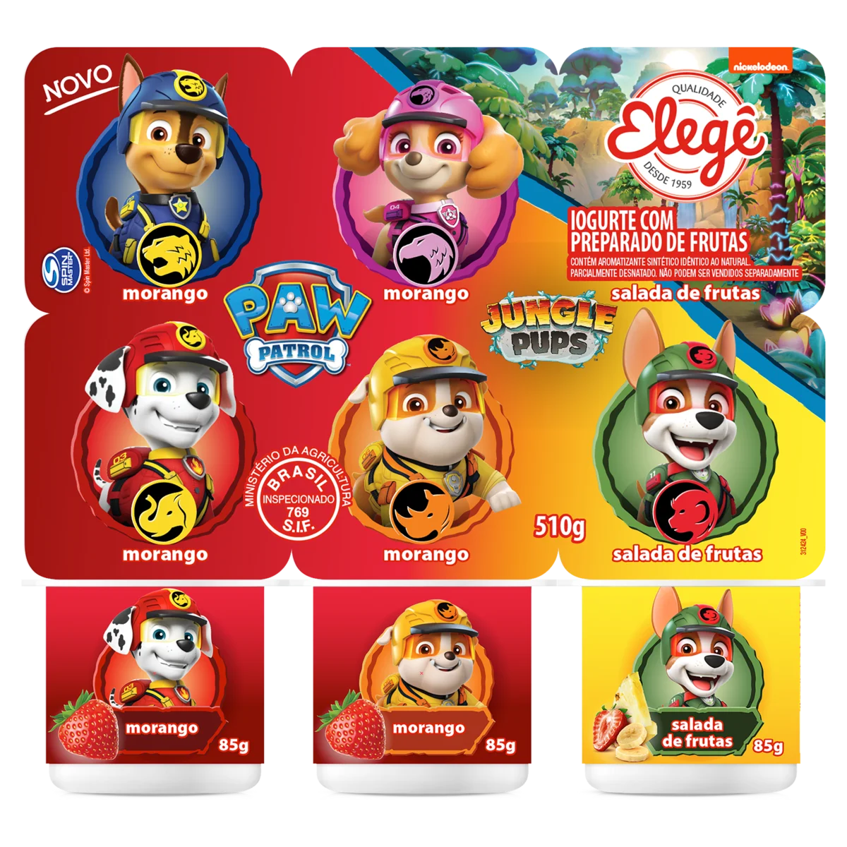 Iogurte Parcialmente Desnatado Morango + Salada de Frutas Paw Patrol Jungle Pups Elegê Bandeja 510g 6 Unidades