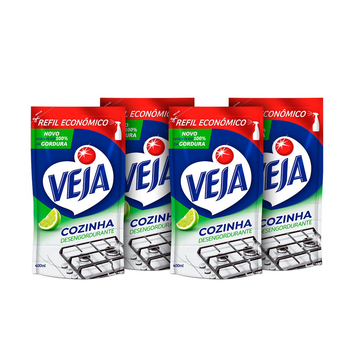 Kit Veja Cozinha com 4 Desengordurante Veja Cozinha Limão 400ml Refil Econômico