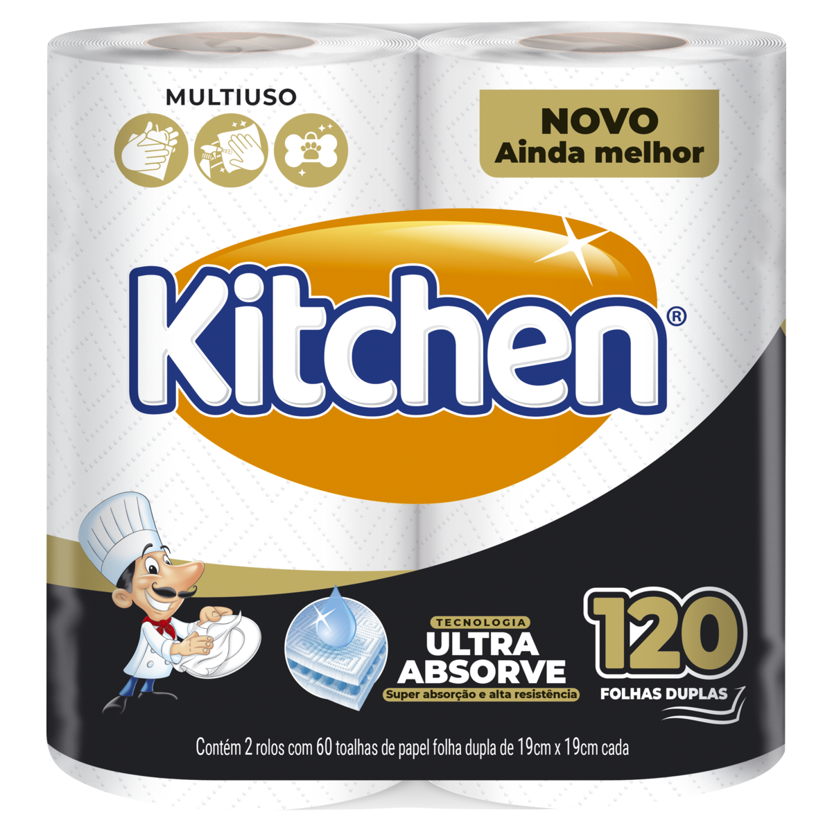 Toalha De Papel Kitchen 2 Rolos Com 60 Toalhas 22cm