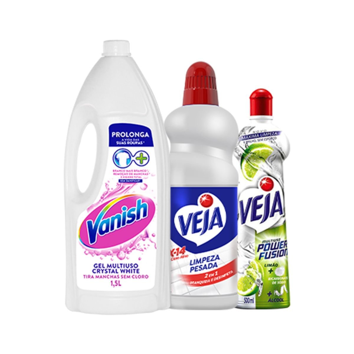 Kit Veja Power Fusion Limão 500ml + para Limpeza Pesada Cloro Ativo, Veja, 1L + Vanish Crystal White 1,5L