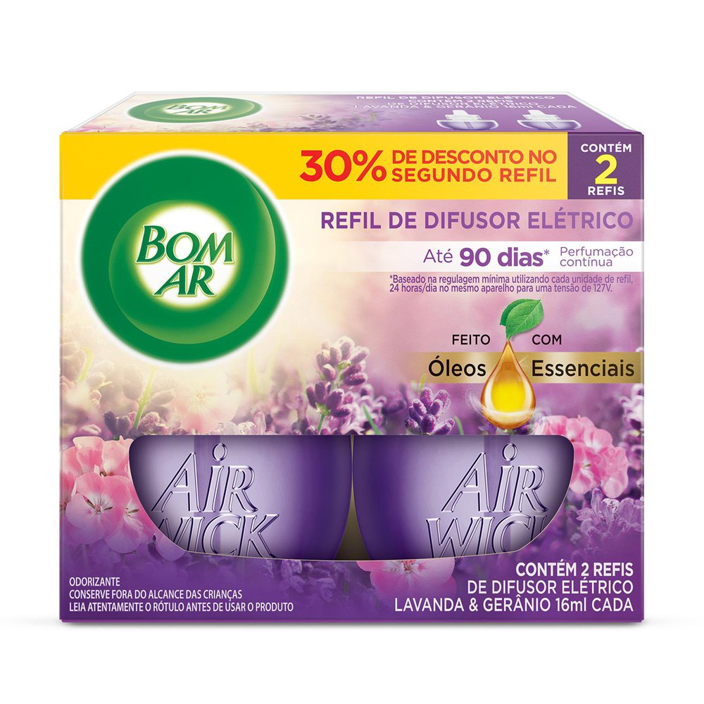 Difusor Elétrico BOM AR Lavanda e Gerânio Refil Líquido 2x16ml
