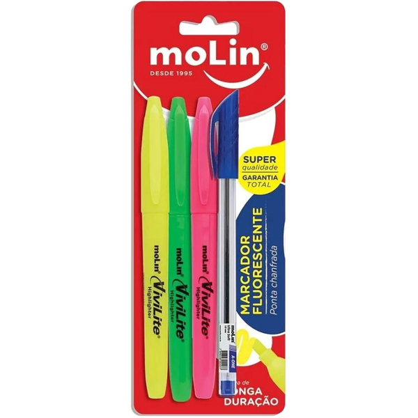 Marcador Molin Fluorescente - Com 3 Marcadores + 1 Caneta