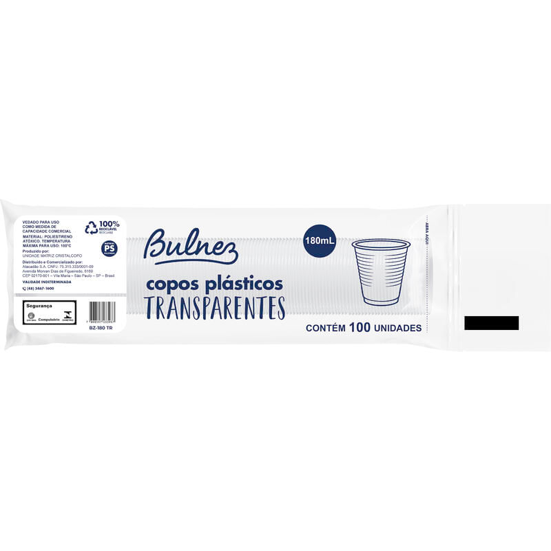 Copo Descartável Bulnez Transparente ABNT 180ml 100 un