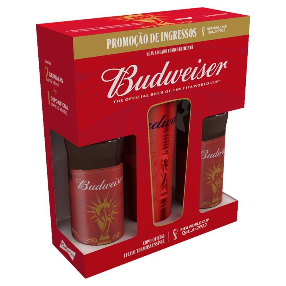 Kit Cerveja BUDWEISER Lager com 2 Unidades 330ml cada + Copo Vermelho Fifa World Qatar 2022