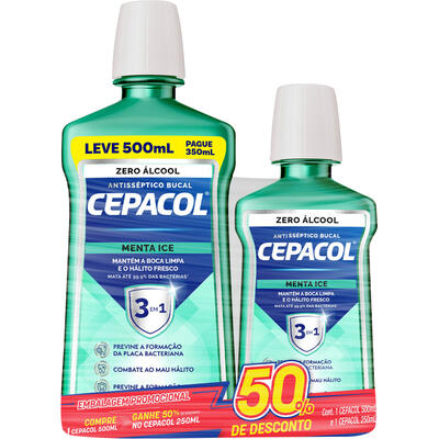 Kit Enxaguante Bucal 500ml + Enxaguante Bucal 250ml Zero Álcool Menta Ice Cepacol Grátis 50% de Desconto no Cepacol 250ml