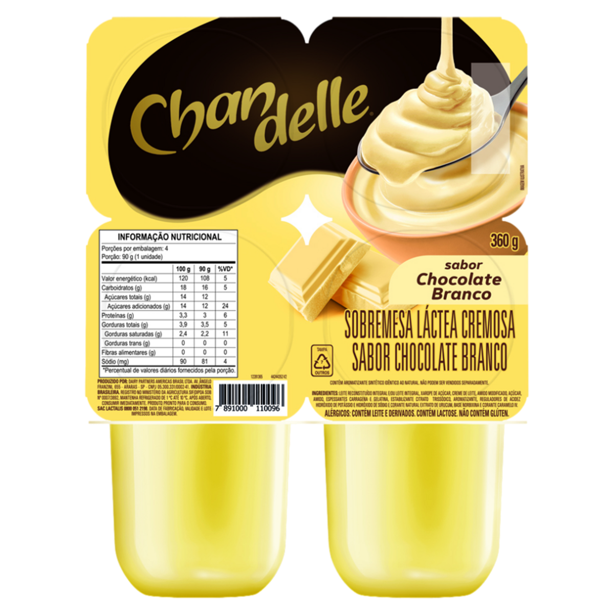 Sobremesa Láctea Chocolate Branco Chandelle Bandeja 360g 4 Unidades
