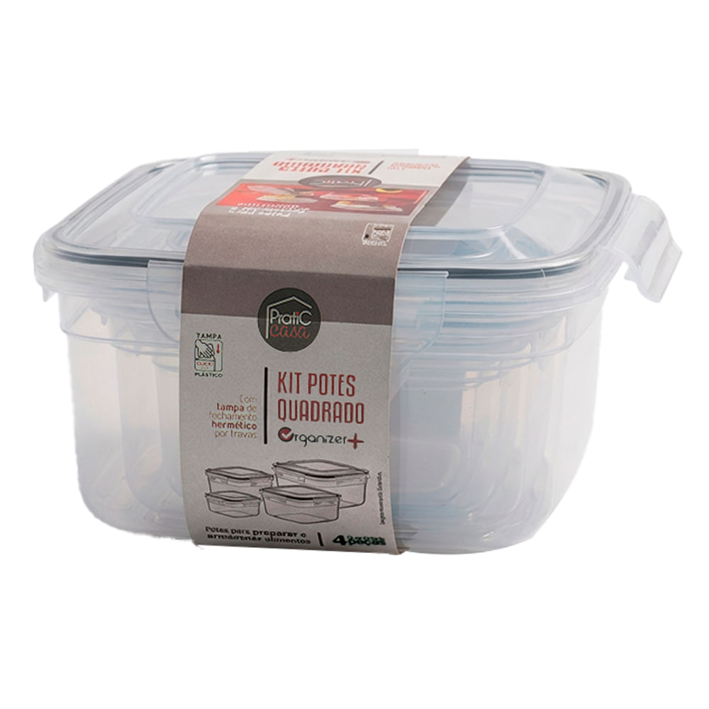 Kit Pratic Casa Potes Click Quadrada Com 4 1Un