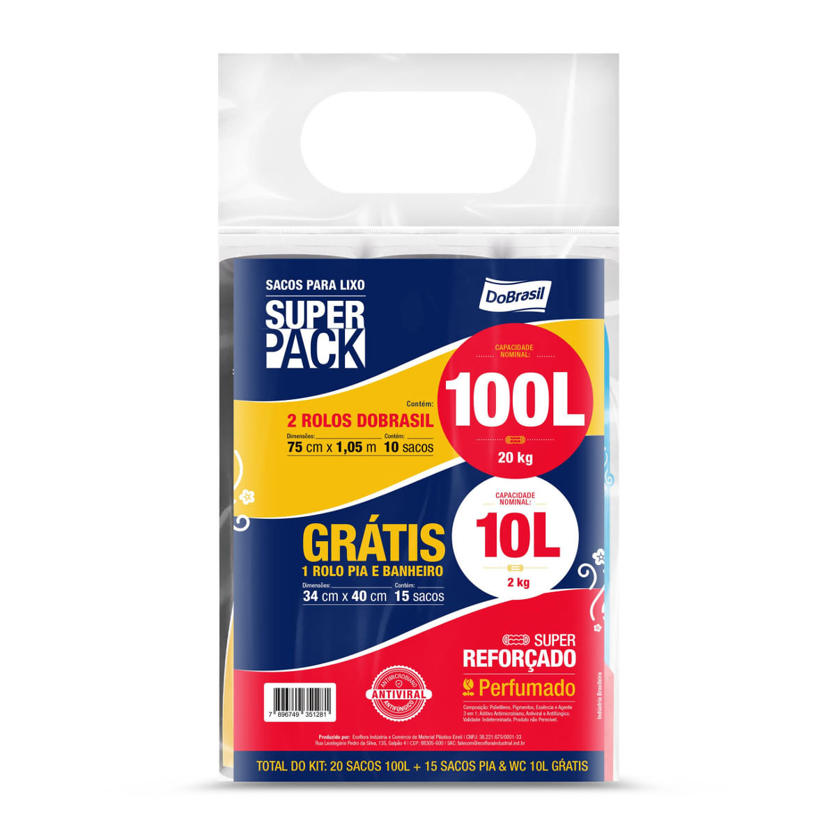 Saco para Lixo DOBRASIL Perfumado com 2 Rolos 100L Grátis Rolo Pia & Banheiro com 15 Unidades