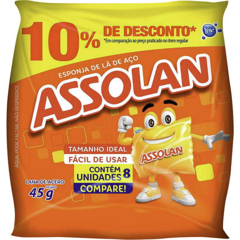 Esponja de Lã de Aço ASSOLAN 45g 8 Unidades Grátis 10% de Desconto