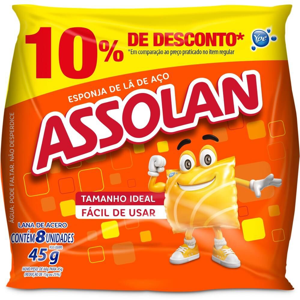 Esponja de Lã de Aço ASSOLAN 45g 8 Unidades Grátis 10% de Desconto