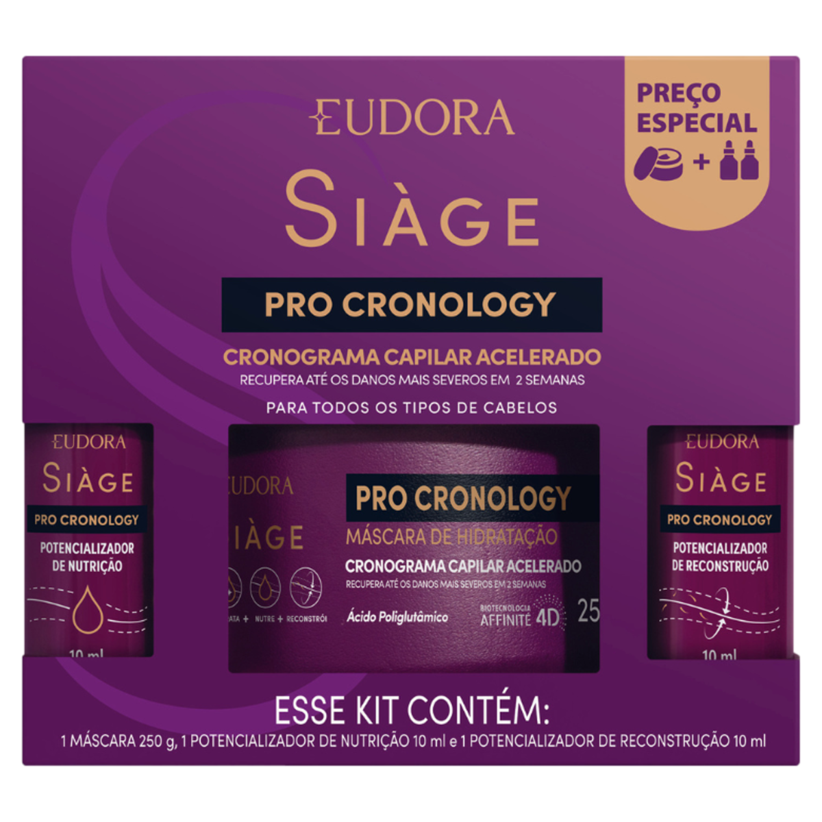 Kit Máscara de Tratamento 250g + Potencializador Reconstrução 10ml + Nutrição 10ml Eudora Siàge Pro Cronology