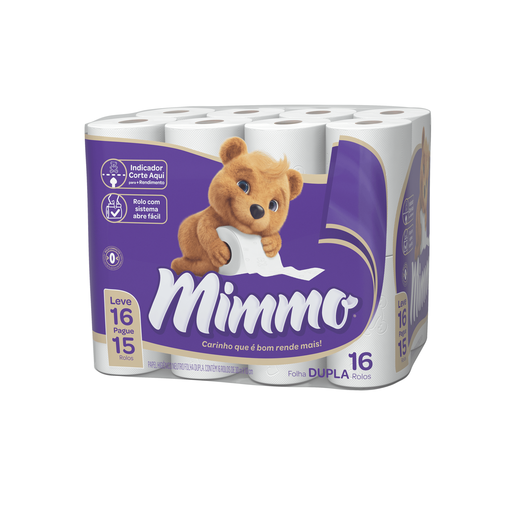 Papel Higiênico MIMMO Folha Dupla com 16 Unidades 30m cada Leve 16 Pague 15 Rolos