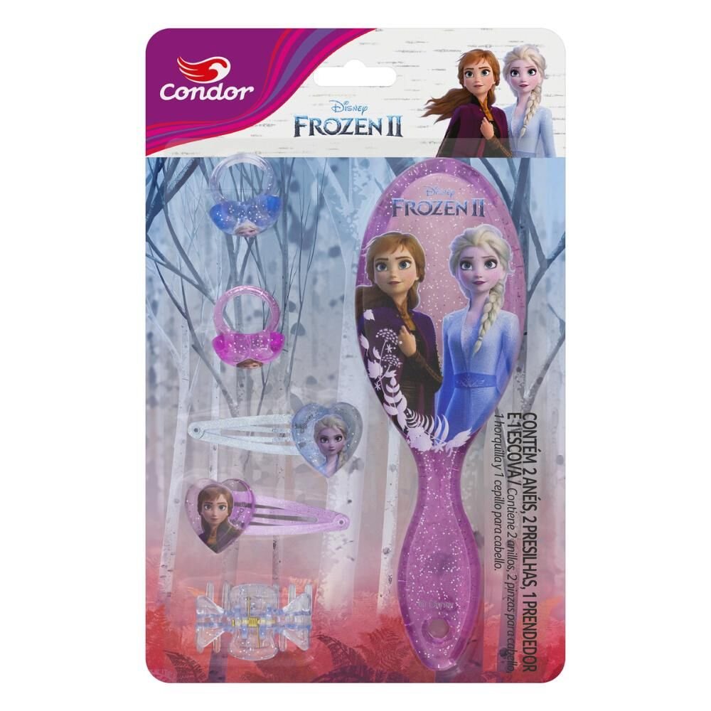 Kit Escova + Prendedor + 2 Presilhas + 2 Anéis Frozen II CONDOR