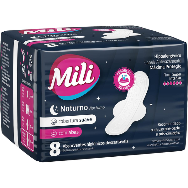 Absorvente Mili Noturno - Suave - Com Abas - Com 8 Absorventes