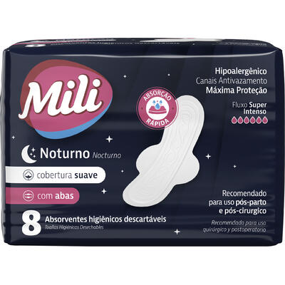 Absorvente Mili Noturno - Suave - Com Abas - Com 8 Absorventes