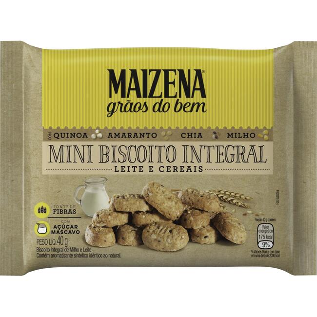 Mini Biscoito Integral Maizena Leite e cereal 40g