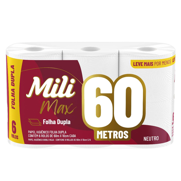 Papel Higiênico Mili 60m - Folha Dupla - Com 6 Rolos