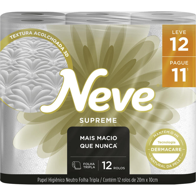 Papel Higiênico Neve Supreme Folha Tripla Neutro 20m Leve 12un Pague 11un