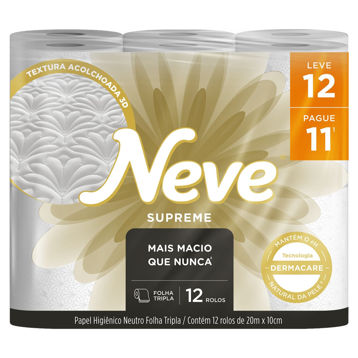 Papel Higiênico Neve Supreme Folha Tripla Neutro 20m Leve 12un Pague 11un